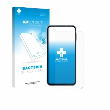 Vorderseite einer Produktverpackung mit dem Markenlogo upscreen. Daneben ist das Gerät Sharp Aquos Sense 10 mit dem zugehörige