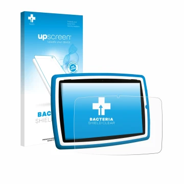 Vorderseite einer Produktverpackung mit dem Markenlogo upscreen. Daneben ist das Gerät Lisciani Mio Tab 10 Tutor XL mit dem zu