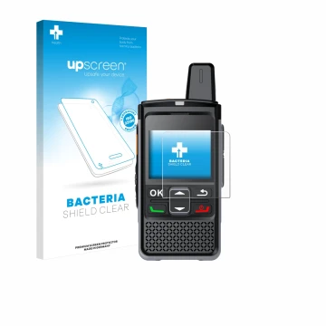 Vorderseite einer Produktverpackung mit dem Markenlogo upscreen. Daneben ist das Gerät Hytera PNC360S mit dem zugehörigen Disp