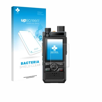 Vorderseite einer Produktverpackung mit dem Markenlogo upscreen. Daneben ist das Gerät Hytera P50 mit dem zugehörigen Displays