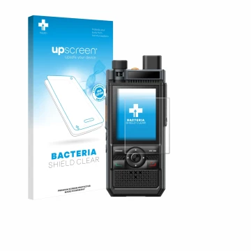 Vorderseite einer Produktverpackung mit dem Markenlogo upscreen. Daneben ist das Gerät Hytera P50 Pro mit dem zugehörigen Disp