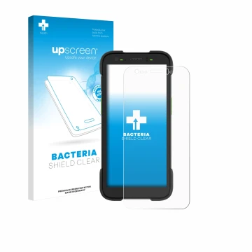 Vorderseite einer Produktverpackung mit dem Markenlogo upscreen. Daneben ist das Gerät Zebra TC701 mit dem zugehörigen Display