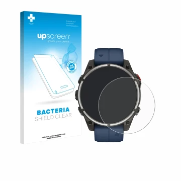 Vorderseite einer Produktverpackung mit dem Markenlogo upscreen. Daneben ist das Gerät Garmin quatix 8 Pro (47 mm) mit dem zug