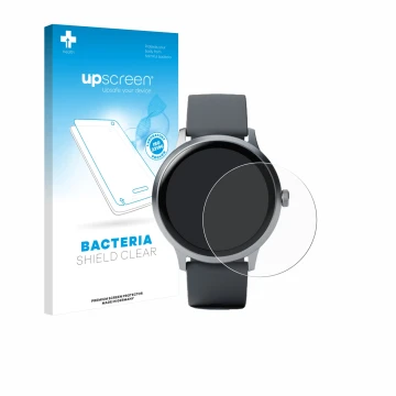 Vorderseite einer Produktverpackung mit dem Markenlogo upscreen. Daneben ist das Gerät Pebble Round 2 mit dem zugehörigen Disp