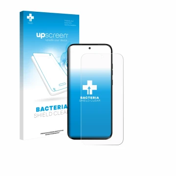 Vorderseite einer Produktverpackung mit dem Markenlogo upscreen. Daneben ist das Gerät Motorola Moto G77 mit dem zugehörigen D