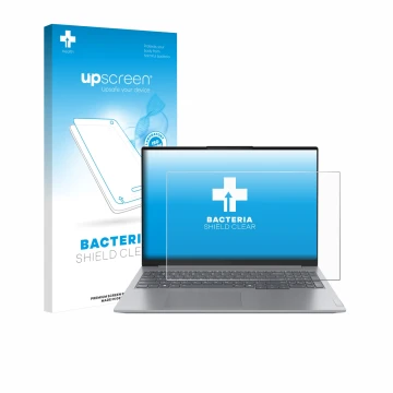 Vorderseite einer Produktverpackung mit dem Markenlogo upscreen. Daneben ist das Gerät Lenovo ThinkBook 16 Gen 7+ mit dem zuge