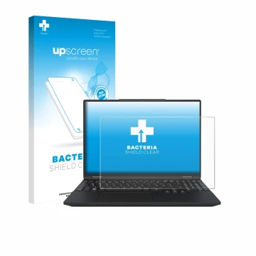 Vorderseite einer Produktverpackung mit dem Markenlogo upscreen. Daneben ist das Gerät Tuxedo InfinityBook Max 15 Gen 10 mit d