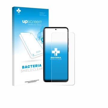 Vorderseite einer Produktverpackung mit dem Markenlogo upscreen. Daneben ist das Gerät Motorola Moto G17 mit dem zugehörigen D