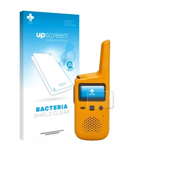 Vorderseite einer Produktverpackung mit dem Markenlogo upscreen. Daneben ist das Gerät Motorola Talkabout T72 mit dem zugehöri