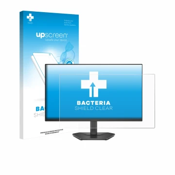 Vorderseite einer Produktverpackung mit dem Markenlogo upscreen. Daneben ist das Gerät Dell 24 SE2426HG mit dem zugehörigen Di