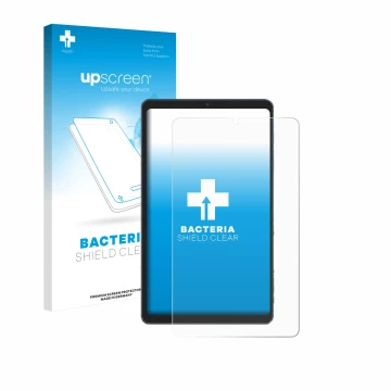 Vorderseite einer Produktverpackung mit dem Markenlogo upscreen. Daneben ist das Gerät Chuwi AuPad Mini mit dem zugehörigen Di