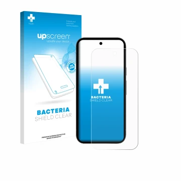 Vorderseite einer Produktverpackung mit dem Markenlogo upscreen. Daneben ist das Gerät Google Pixel 10a mit dem zugehörigen Di