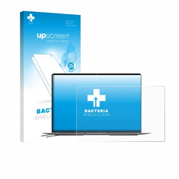 Vorderseite einer Produktverpackung mit dem Markenlogo upscreen. Daneben ist das Gerät Geekom GeekBook X14 Pro mit dem zugehör