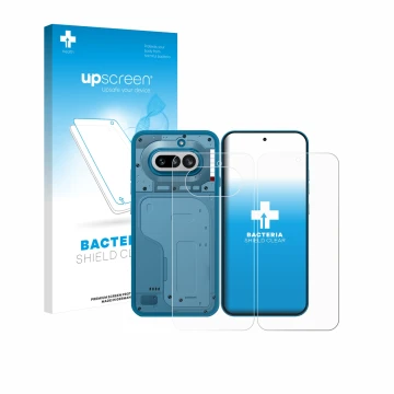 Vorderseite einer Produktverpackung mit dem Markenlogo upscreen. Daneben ist das Gerät Nothing Phone (4a) (Display+Rückseite) 