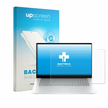 Vorderseite einer Produktverpackung mit dem Markenlogo upscreen. Daneben ist das Gerät HP OmniBook X 17-de0776ngx mit dem zuge