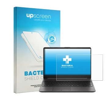 Vorderseite einer Produktverpackung mit dem Markenlogo upscreen. Daneben ist das Gerät HP EliteBook 250RT G9 mit dem zugehörig