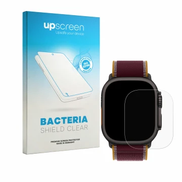 Vorderseite einer Produktverpackung mit dem Markenlogo upscreen. Daneben ist das Gerät Apple Watch Ultra 4 (49 mm) mit dem zug