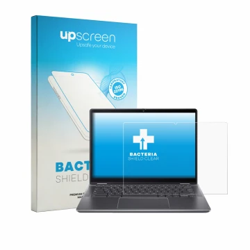 Vorderseite einer Produktverpackung mit dem Markenlogo upscreen. Daneben ist das Gerät Acer Chromebook Plus Spin 514 mit dem z