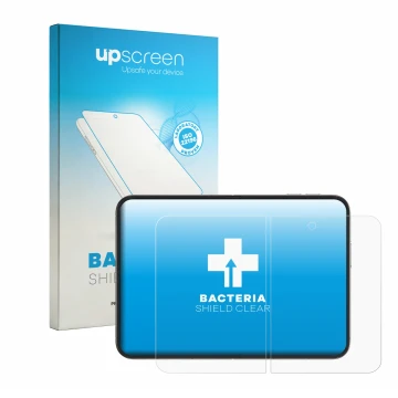 Vorderseite einer Produktverpackung mit dem Markenlogo upscreen. Daneben ist das Gerät Apple iPhone Duo (Inneres Display) mit 