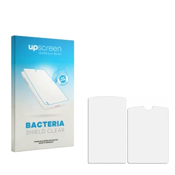 Vorderseite einer Produktverpackung mit dem Markenlogo upscreen. Daneben ist der zugehörige Displayschutz.