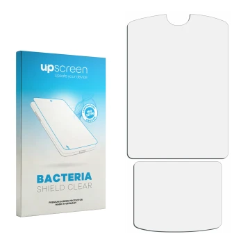 Vorderseite einer Produktverpackung mit dem Markenlogo upscreen. Daneben ist der zugehörige Displayschutz.