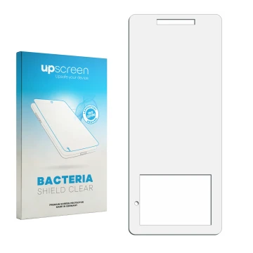 Vorderseite einer Produktverpackung mit dem Markenlogo upscreen. Daneben ist der zugehörige Displayschutz.