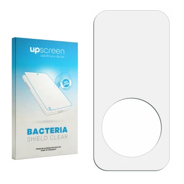 Vorderseite einer Produktverpackung mit dem Markenlogo upscreen. Daneben ist der zugehörige Displayschutz.