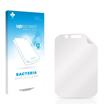 Vorderseite einer Produktverpackung mit dem Markenlogo upscreen. Daneben ist der zugehörige Displayschutz.
