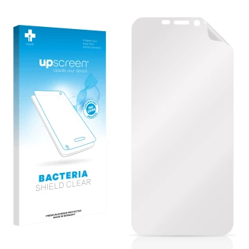 Vorderseite einer Produktverpackung mit dem Markenlogo upscreen. Daneben ist der zugehörige Displayschutz.