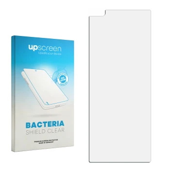 Vorderseite einer Produktverpackung mit dem Markenlogo upscreen. Daneben ist der zugehörige Displayschutz.