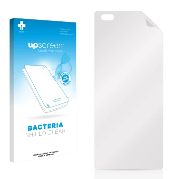 Vorderseite einer Produktverpackung mit dem Markenlogo upscreen. Daneben ist der zugehörige Displayschutz.