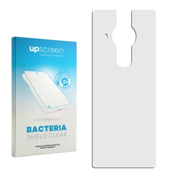 Vorderseite einer Produktverpackung mit dem Markenlogo upscreen. Daneben ist der zugehörige Displayschutz.