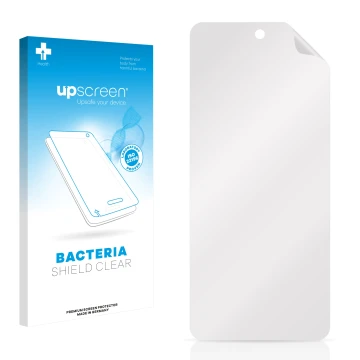Vorderseite einer Produktverpackung mit dem Markenlogo upscreen. Daneben ist der zugehörige Displayschutz.