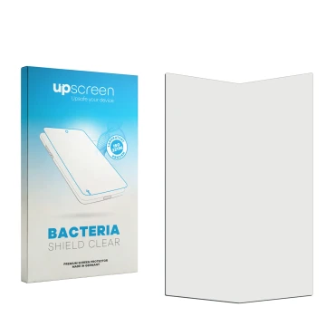Vorderseite einer Produktverpackung mit dem Markenlogo upscreen. Daneben ist der zugehörige Displayschutz.