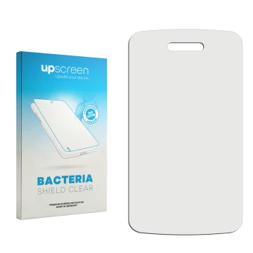 Vorderseite einer Produktverpackung mit dem Markenlogo upscreen. Daneben ist der zugehörige Displayschutz.