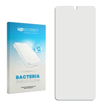Vorderseite einer Produktverpackung mit dem Markenlogo upscreen. Daneben ist der zugehörige Displayschutz.