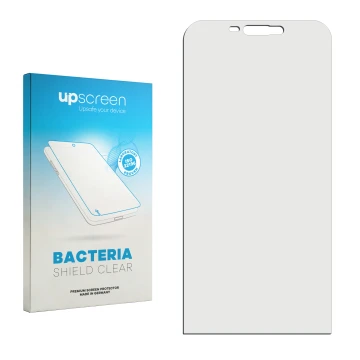 Vorderseite einer Produktverpackung mit dem Markenlogo upscreen. Daneben ist der zugehörige Displayschutz.