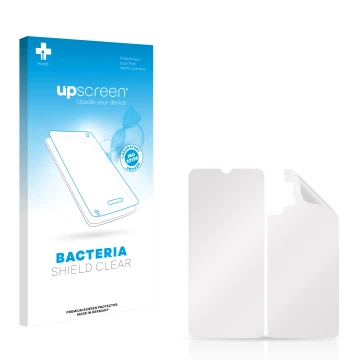 Vorderseite einer Produktverpackung mit dem Markenlogo upscreen. Daneben ist der zugehörige Displayschutz.