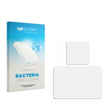 Vorderseite einer Produktverpackung mit dem Markenlogo upscreen. Daneben ist der zugehörige Displayschutz.