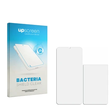 Vorderseite einer Produktverpackung mit dem Markenlogo upscreen. Daneben ist der zugehörige Displayschutz.