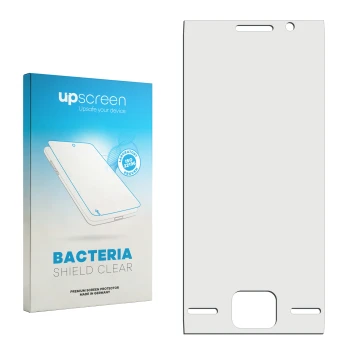 Vorderseite einer Produktverpackung mit dem Markenlogo upscreen. Daneben ist der zugehörige Displayschutz.