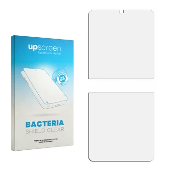 Vorderseite einer Produktverpackung mit dem Markenlogo upscreen. Daneben ist der zugehörige Displayschutz.
