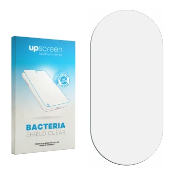 Vorderseite einer Produktverpackung mit dem Markenlogo upscreen. Daneben ist der zugehörige Displayschutz.