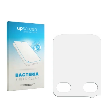 Vorderseite einer Produktverpackung mit dem Markenlogo upscreen. Daneben ist der zugehörige Displayschutz.