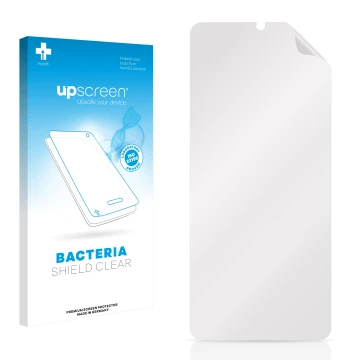Vorderseite einer Produktverpackung mit dem Markenlogo upscreen. Daneben ist der zugehörige Displayschutz.