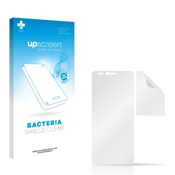 Vorderseite einer Produktverpackung mit dem Markenlogo upscreen. Daneben ist der zugehörige Displayschutz.