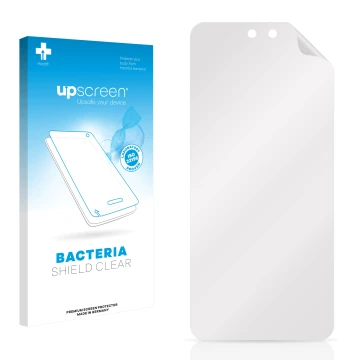 Vorderseite einer Produktverpackung mit dem Markenlogo upscreen. Daneben ist der zugehörige Displayschutz.