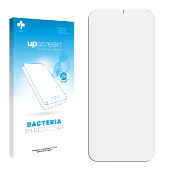 Vorderseite einer Produktverpackung mit dem Markenlogo upscreen. Daneben ist der zugehörige Displayschutz.