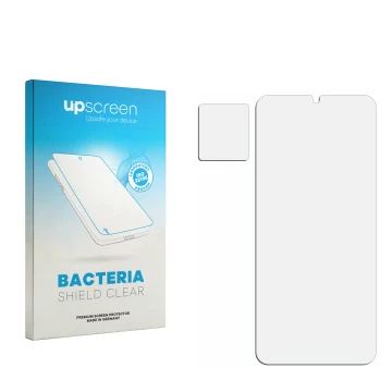 Vorderseite einer Produktverpackung mit dem Markenlogo upscreen. Daneben ist der zugehörige Displayschutz.