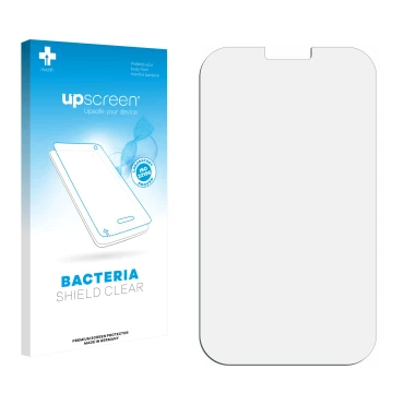 Vorderseite einer Produktverpackung mit dem Markenlogo upscreen. Daneben ist der zugehörige Displayschutz.